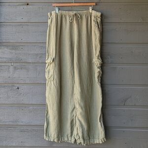 Caslon Olive Green 100% Linen Wide Leg Cargo Pants Size Large Pockets Drawstring